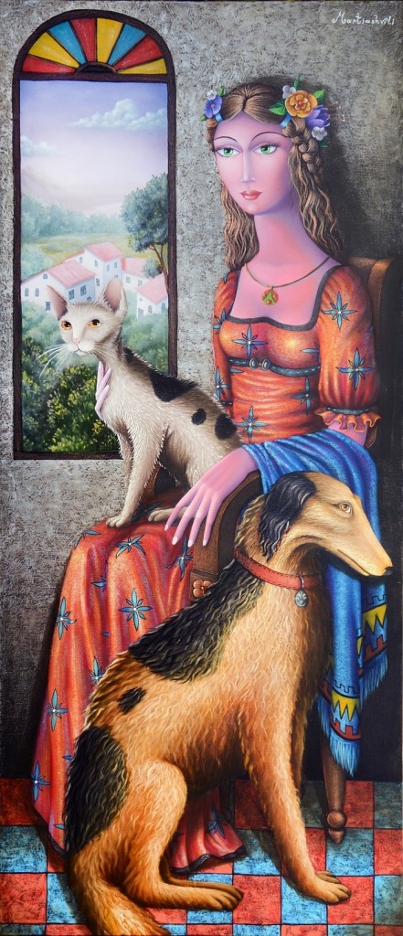 Zurab Martiashvili ,Ledy with Cat and Dog, oil on canvas_160x70 cm_ (2)